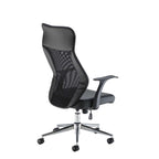 Black office chair with mesh back and chrome base on a white background