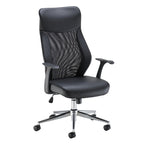 Black office chair with mesh back and chrome base on a white background