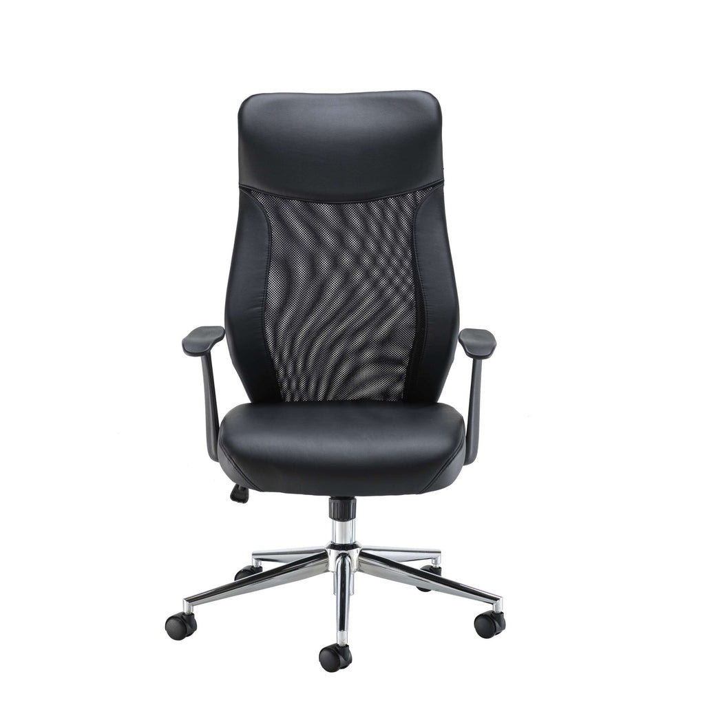 Black office chair with mesh back and chrome base on a white background