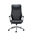 Black office chair with mesh back and chrome base on a white background