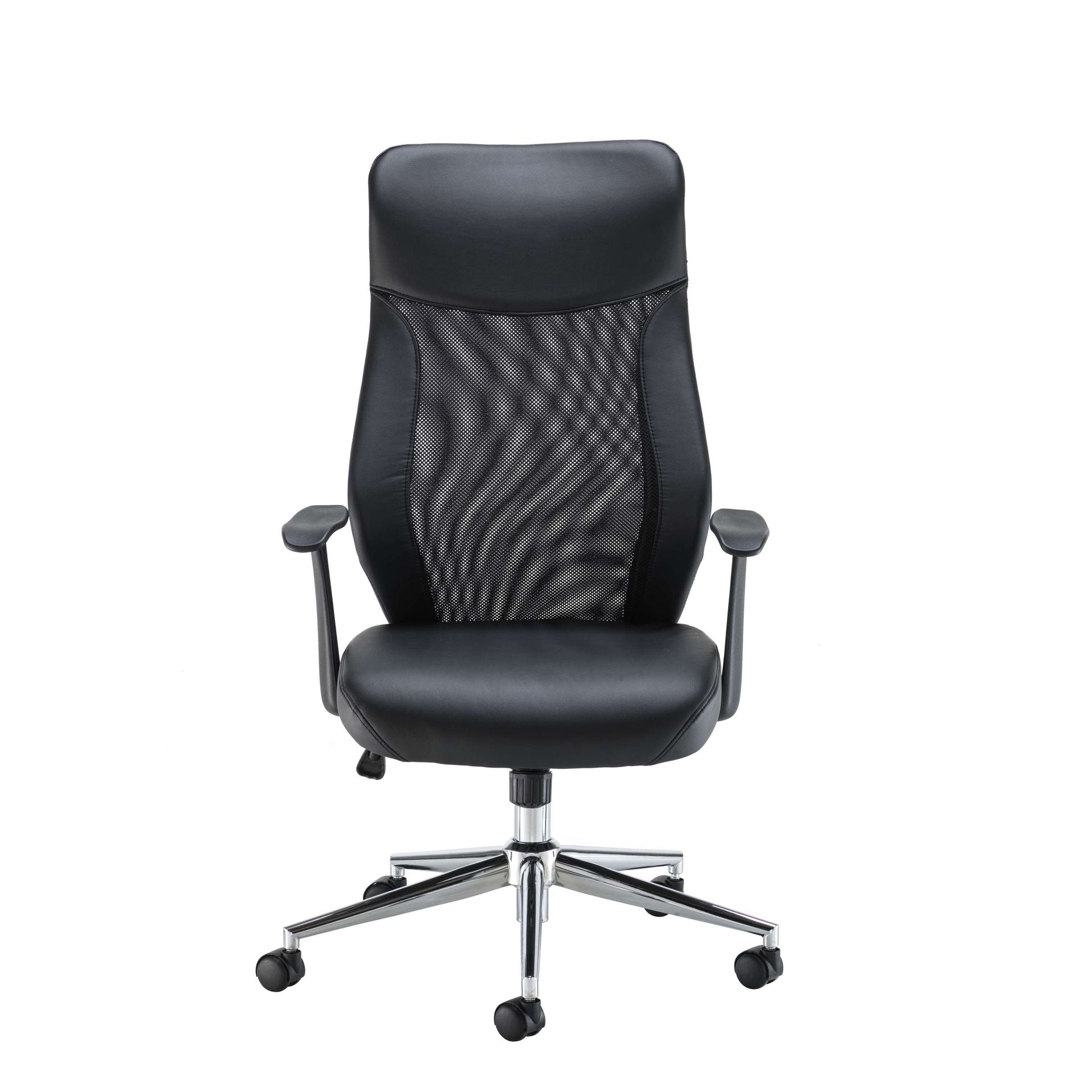 Black office chair with mesh back and chrome base on a white background