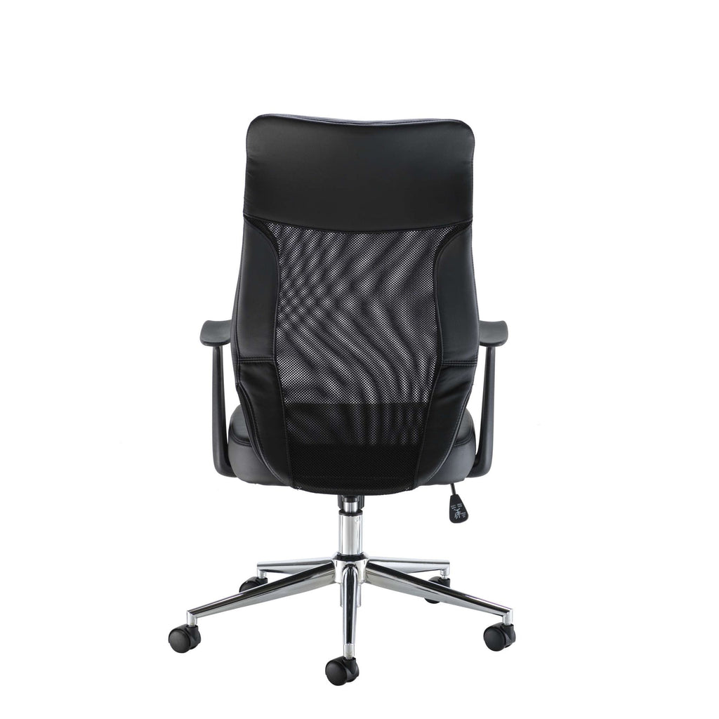 Black office chair with mesh back and chrome base on a white background