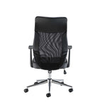 Black office chair with mesh back and chrome base on a white background