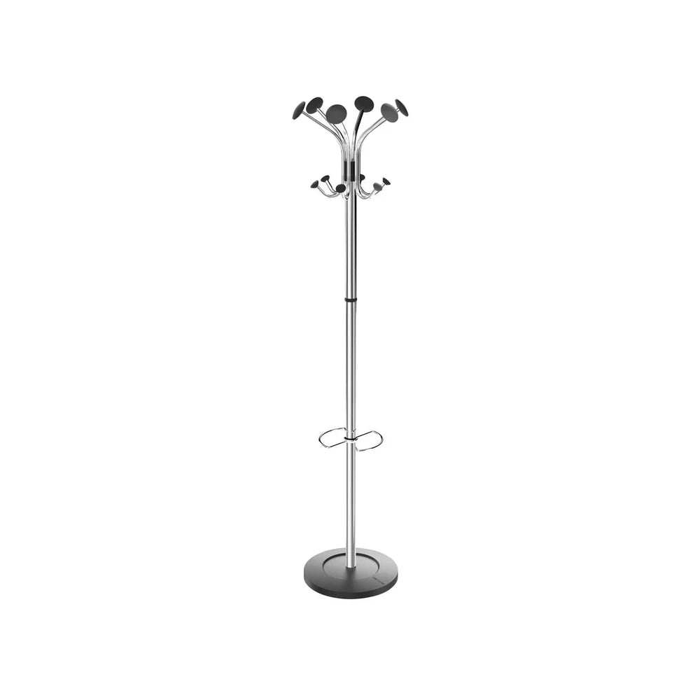 Chrome coat stand with multiple hooks on a white background