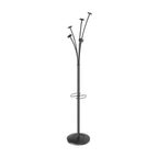 Black coat rack with multiple hooks on a white background