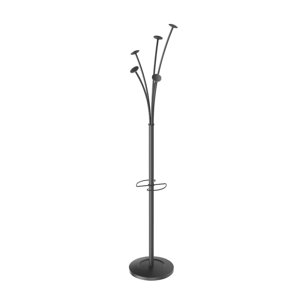 Black coat rack with multiple hooks on a white background