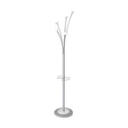 Silver coat rack with multiple hooks on a white background