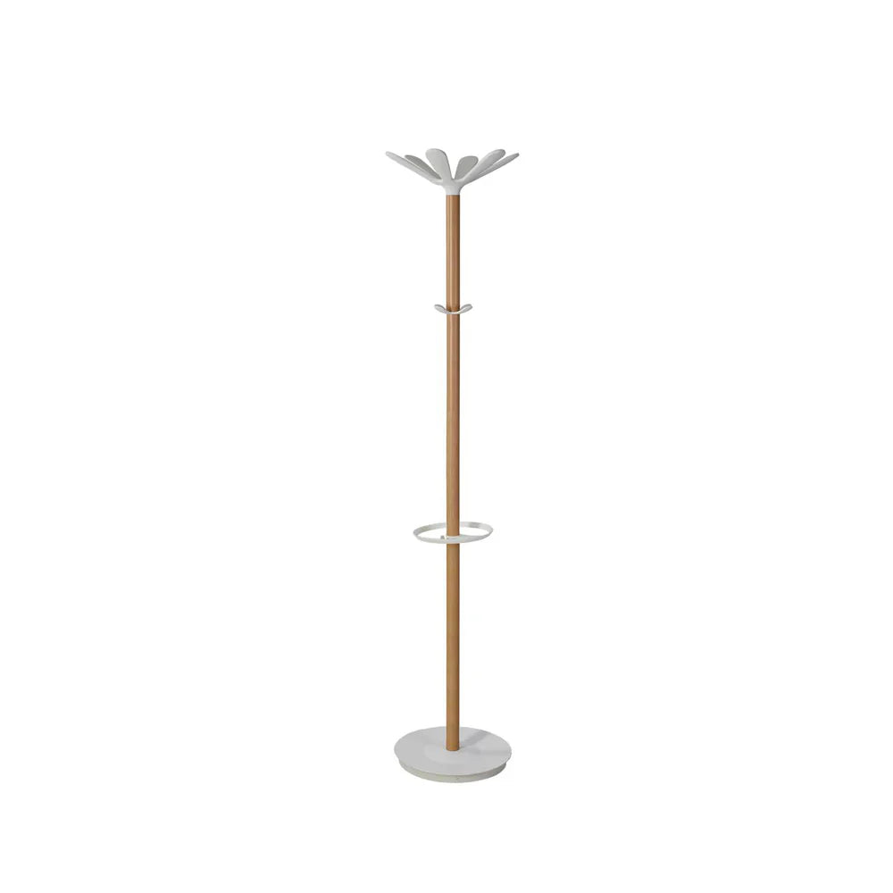 Wooden coat rack with white accents on a white background
