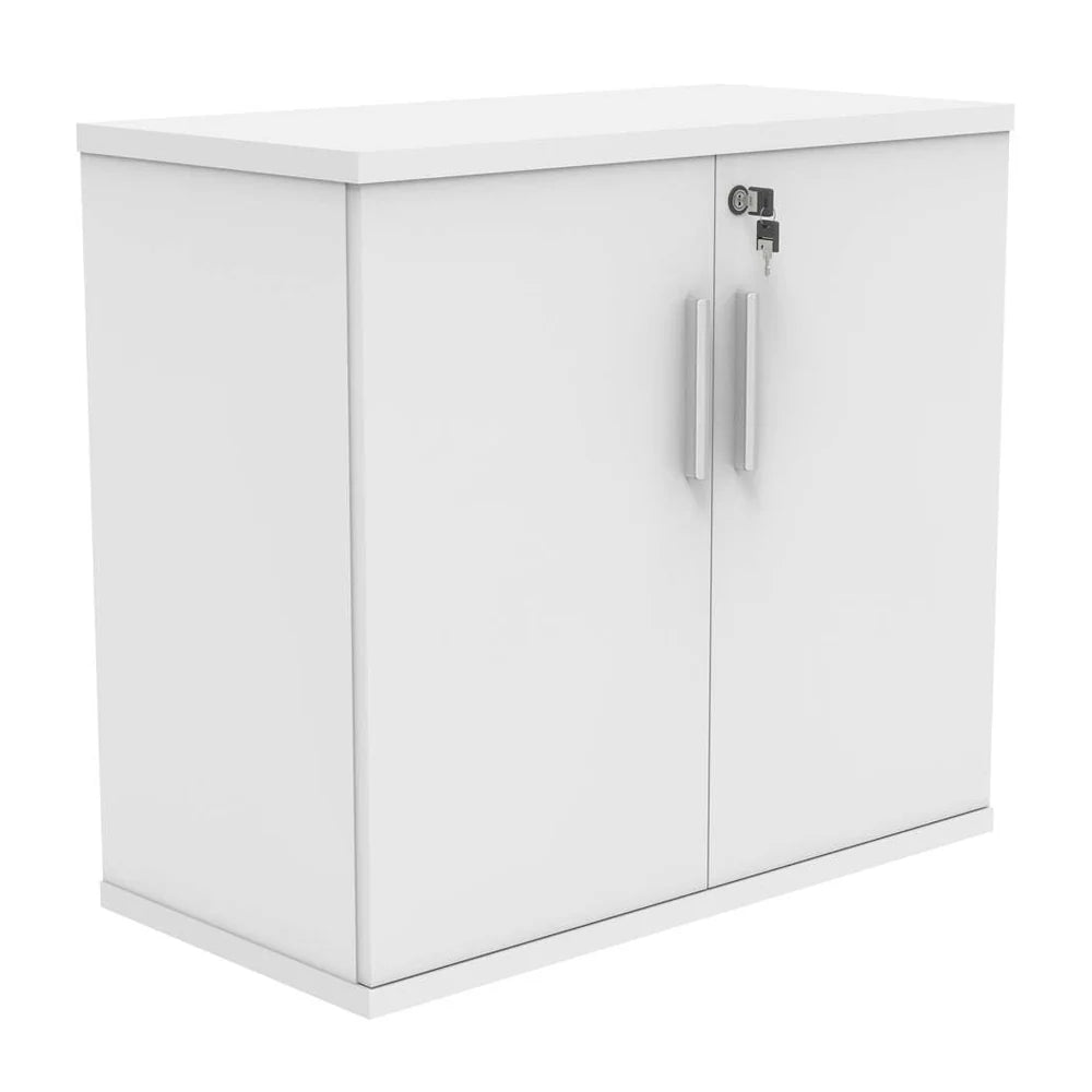 White cupboard with a silver handle on a white background