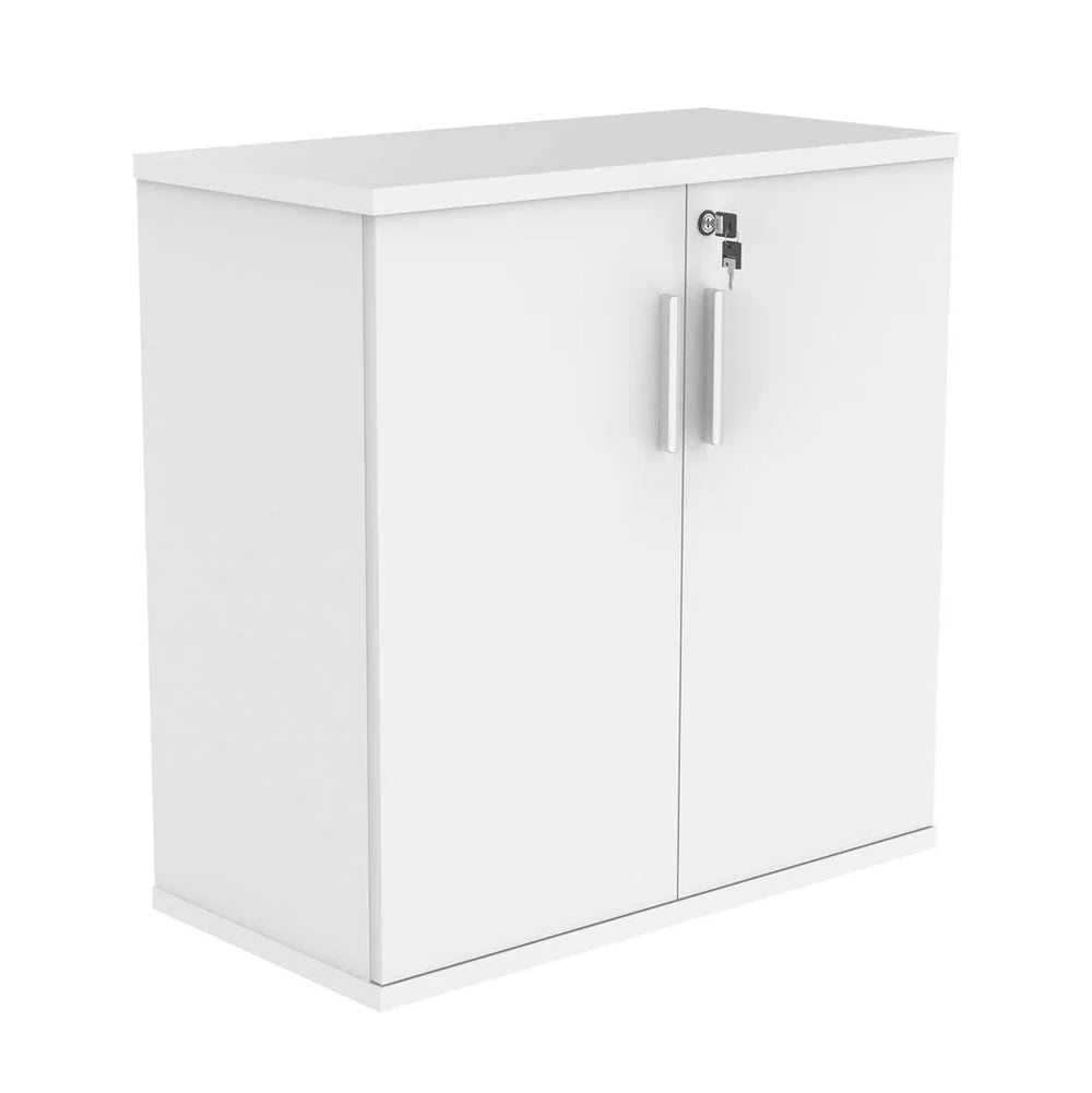 White cupboard with a silver handle on a white background