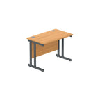 Office desk with wood-effect top and grey legs on a white background