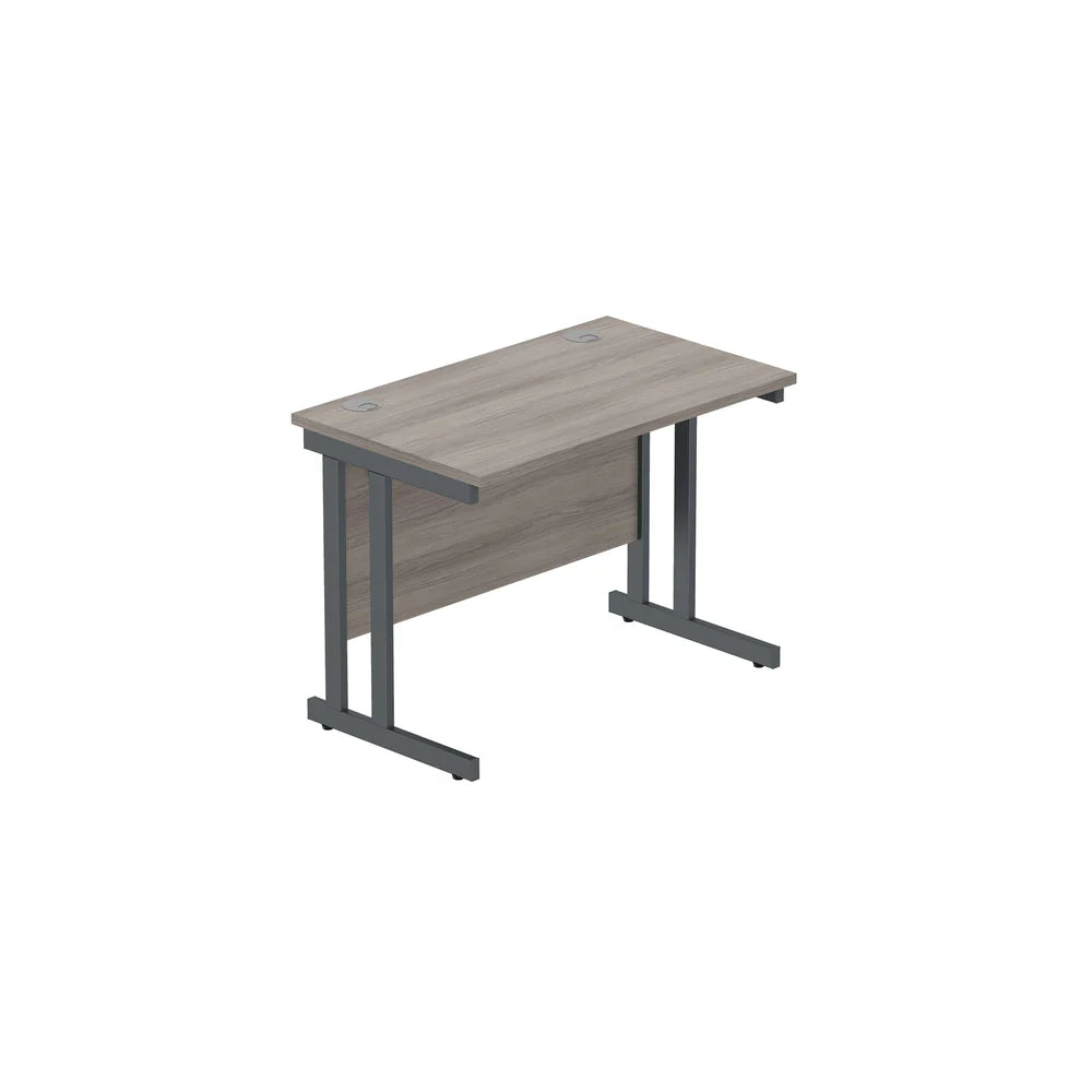 Office desk with grey wood-effect top and grey legs on a white background