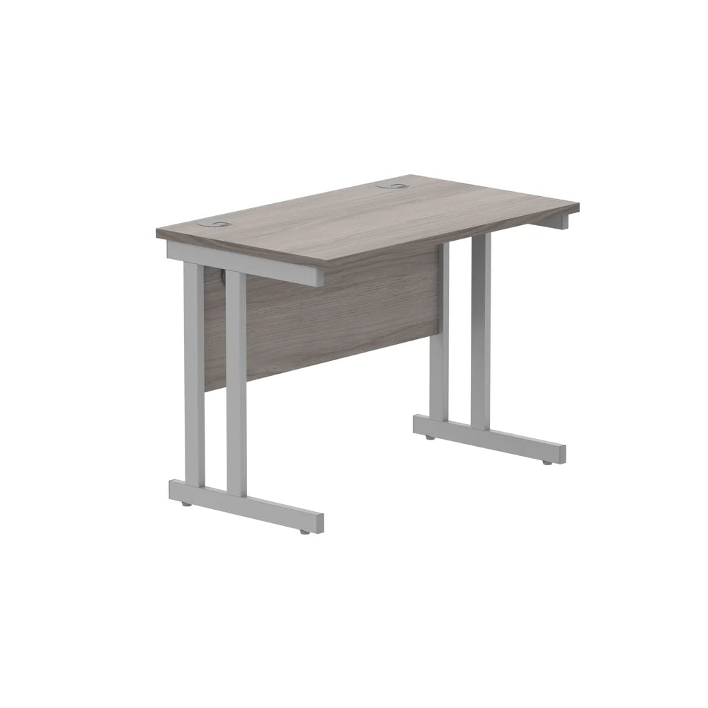 Office desk with grey wood-effect top and silver legs on a white background