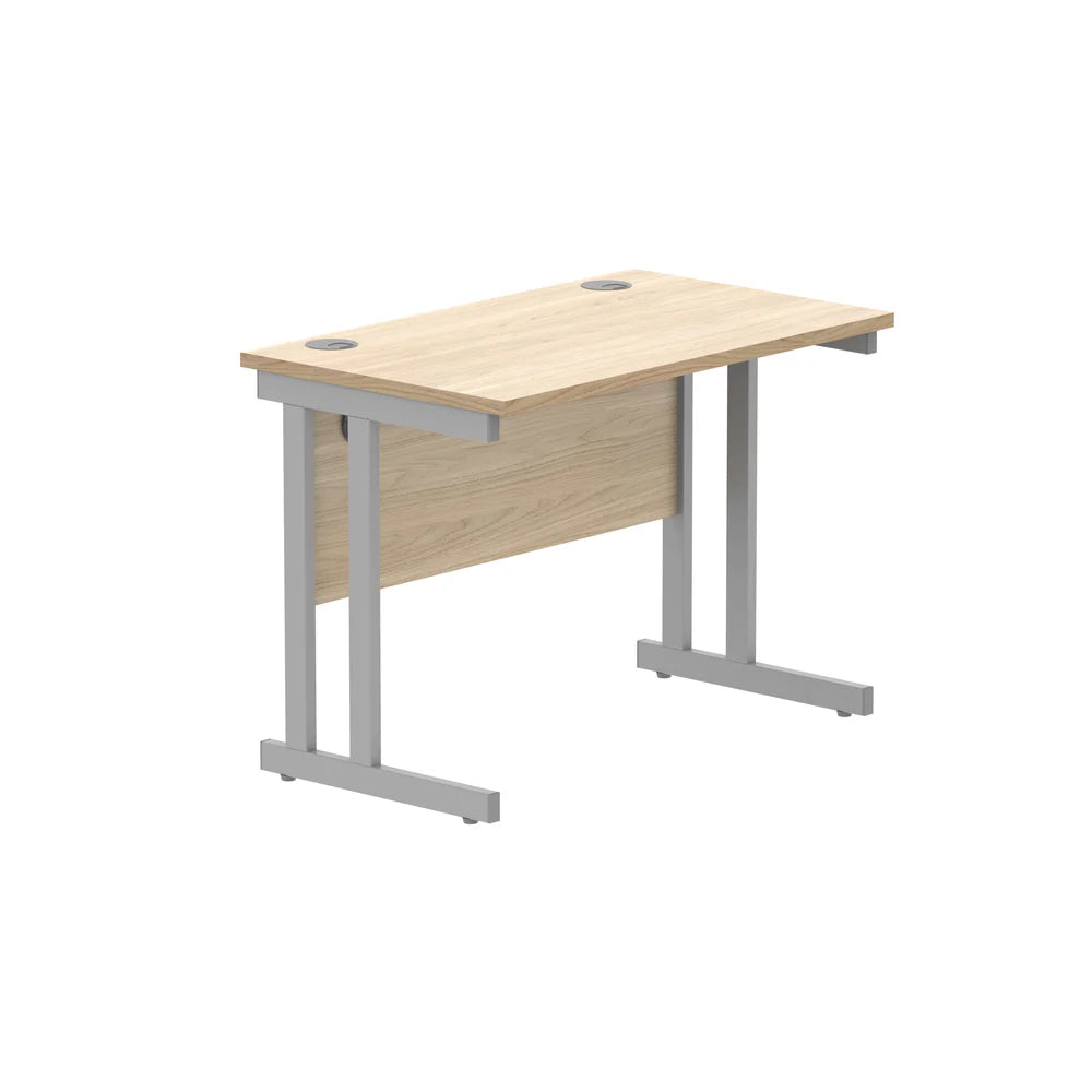 Office desk with wood-effect top and silver legs on a white background