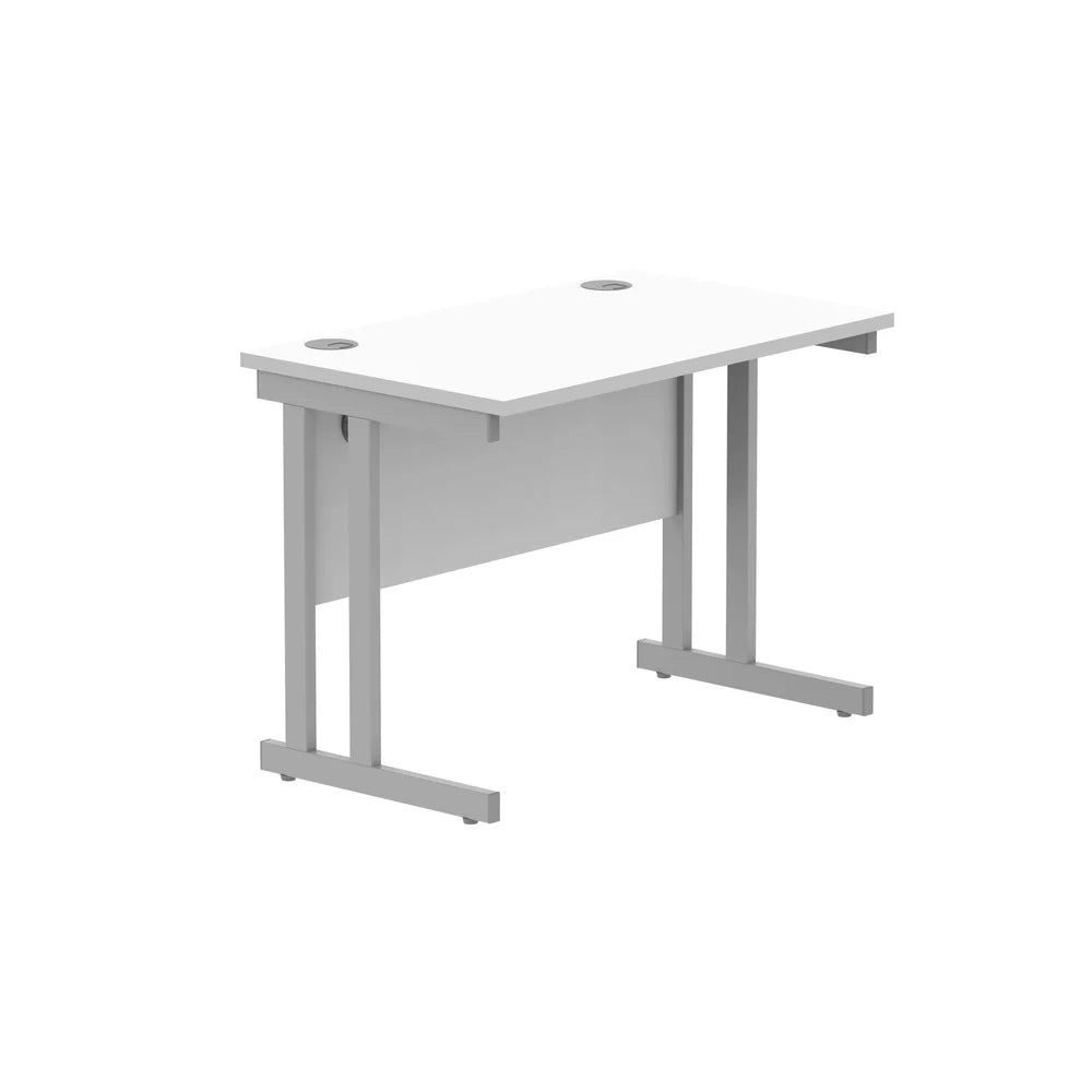 Office desk with white top and silver legs on a white background