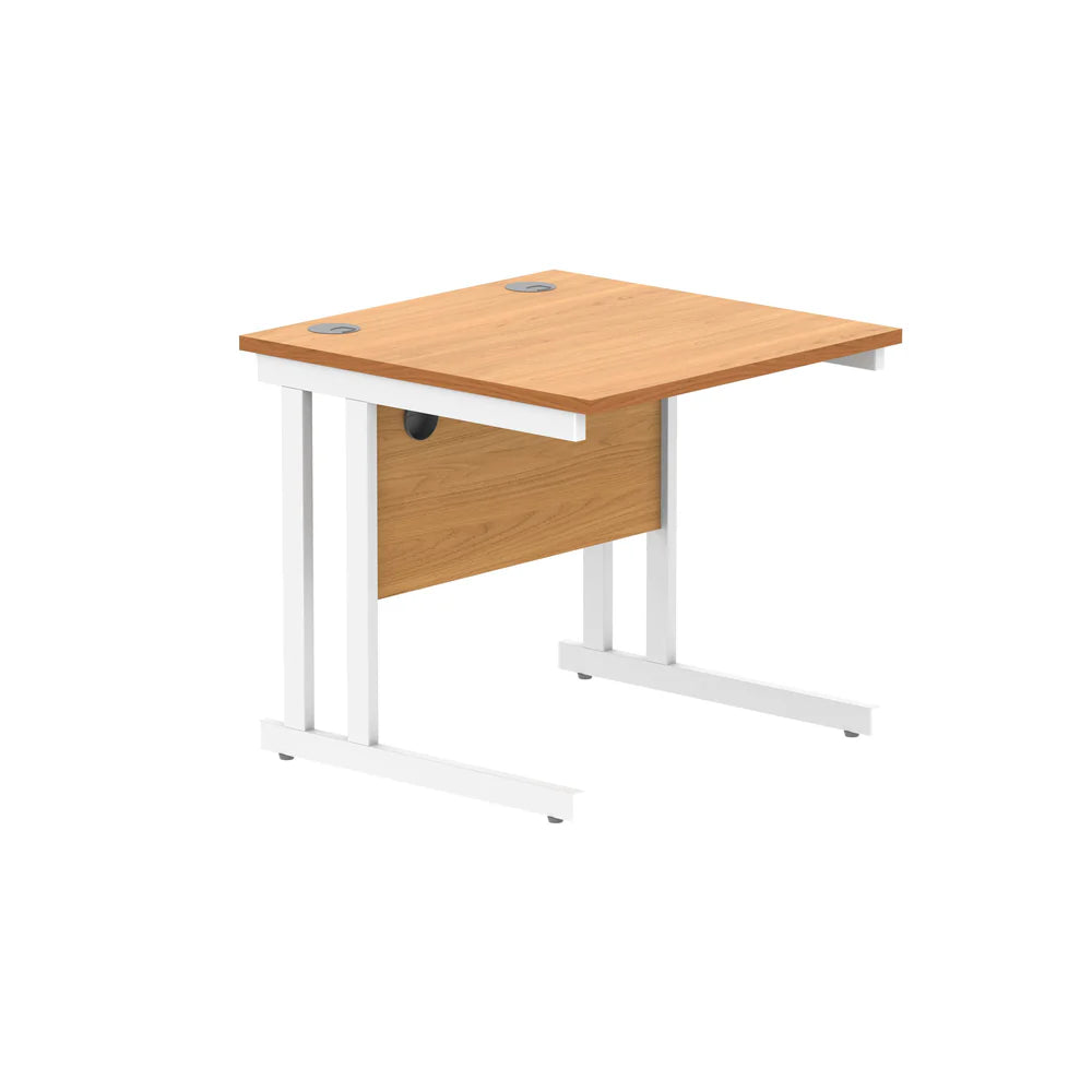 Office desk with wood-effect top and white legs on a white background