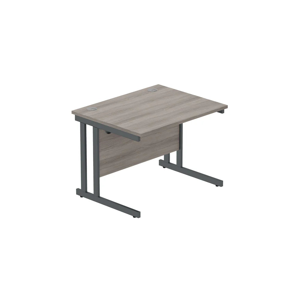 Office desk with grey wood-effect top and grey legs on a white background