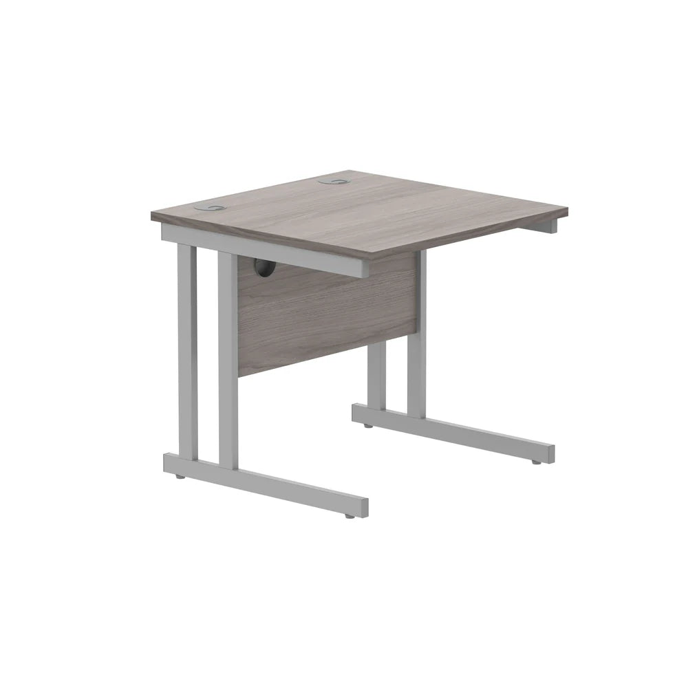Office desk with grey wood-effect top and silver legs on a white background
