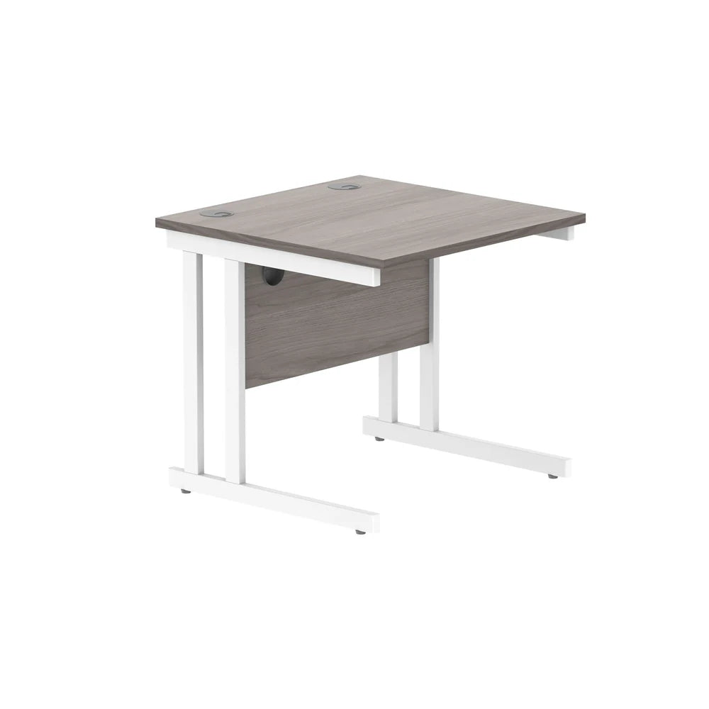 Office desk with grey wood-effect top and white legs on a white background