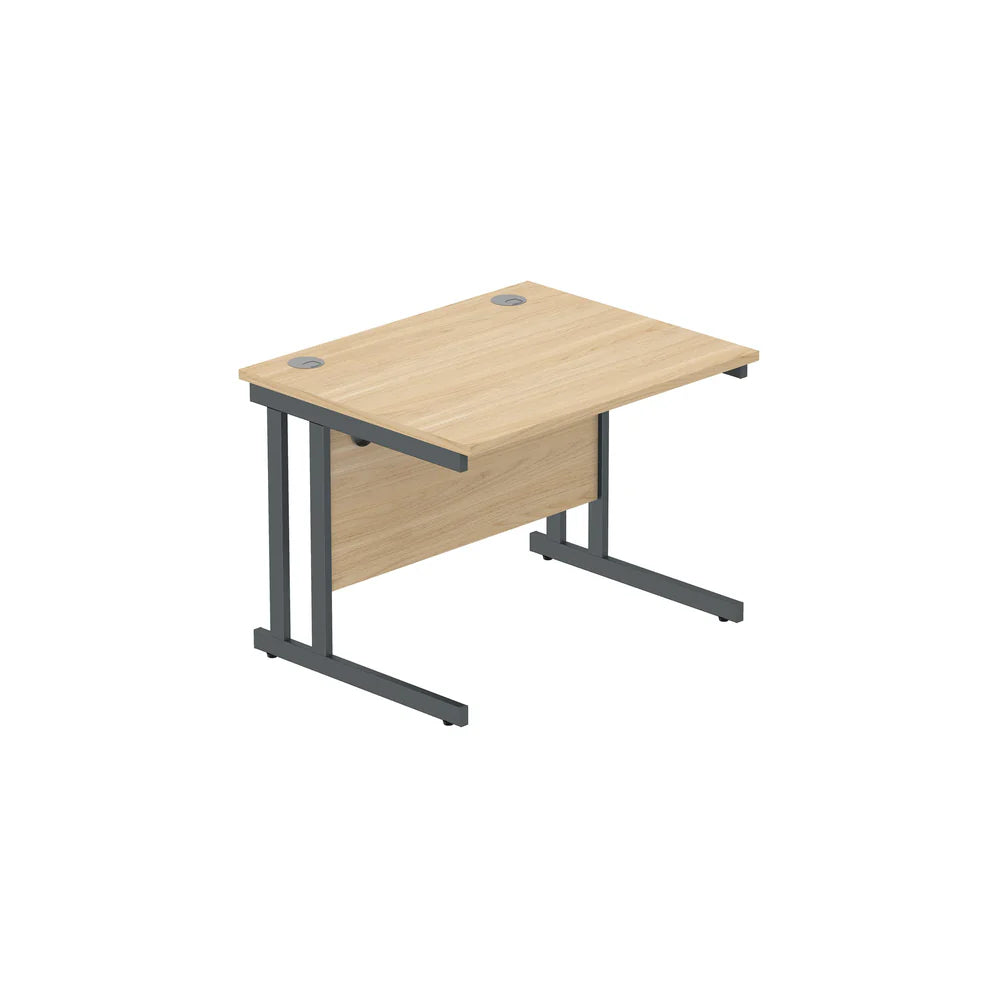 Office desk with wood-effect top and grey legs on a white background
