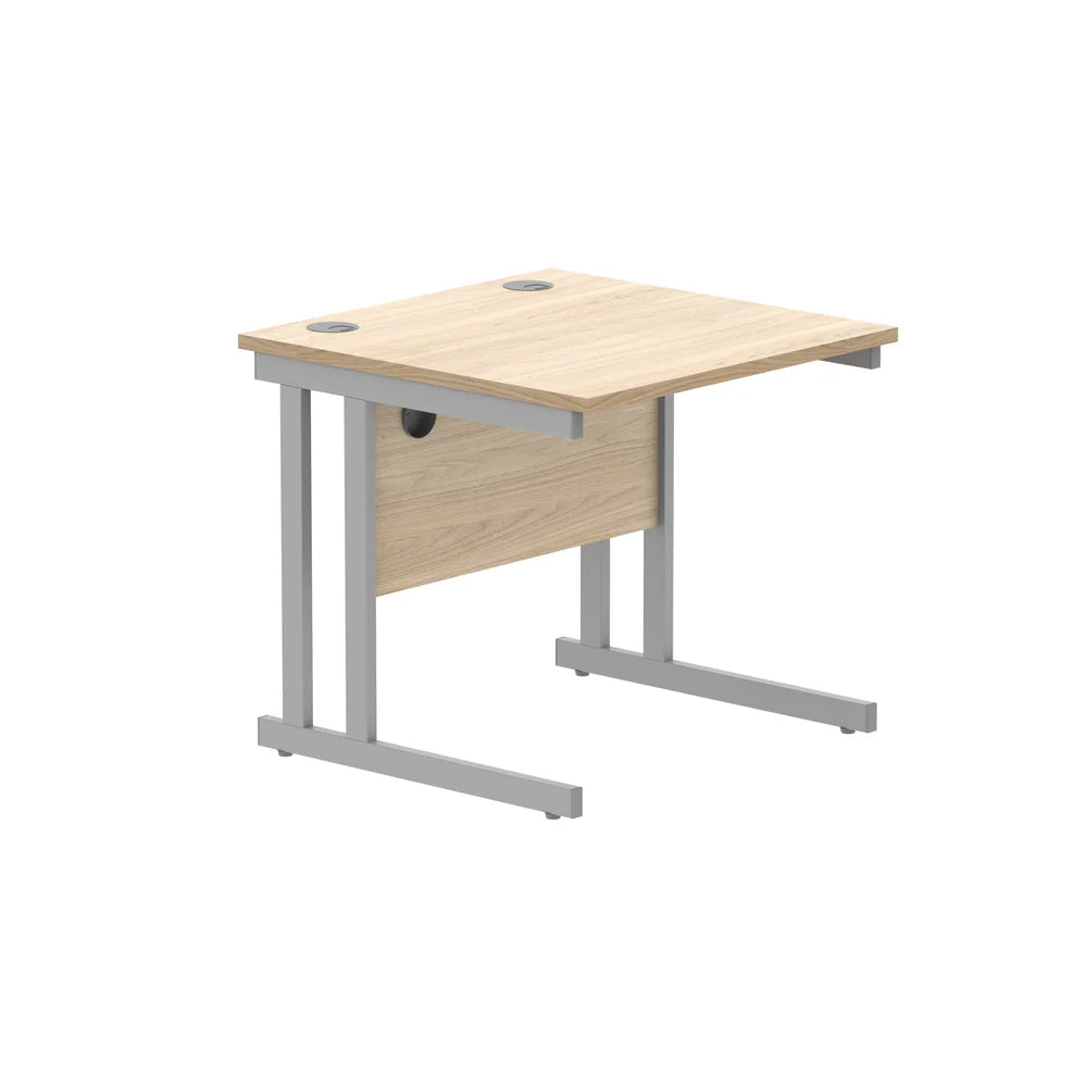 Office desk with wood-effect top and silver legs on a white background