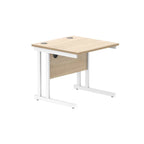 Office desk with wood-effect top and white legs on a white background