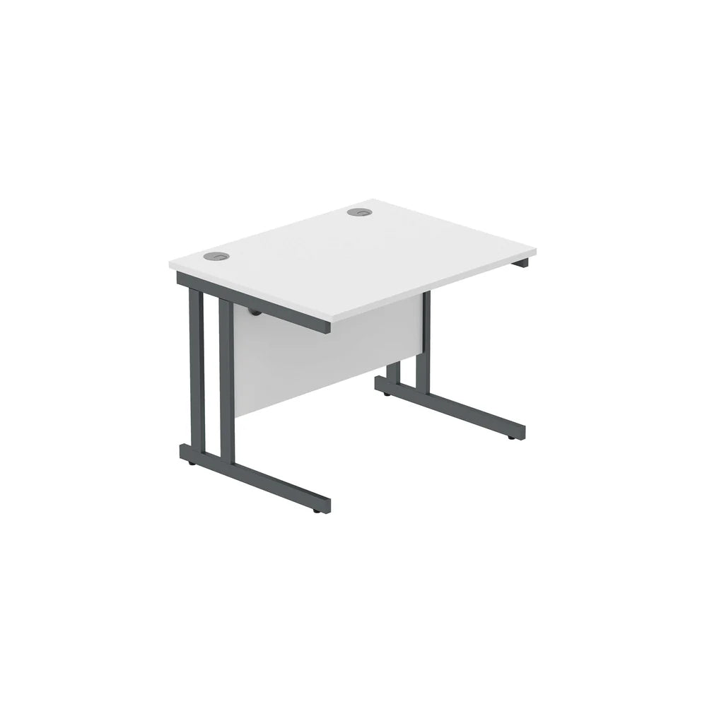 Office desk with white top and grey legs on a white background