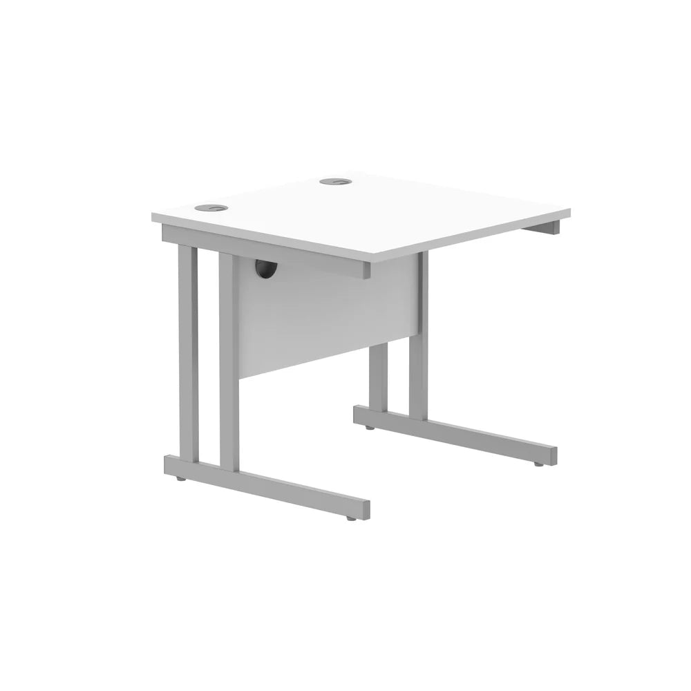 Office desk with white top and silver legs on a white background