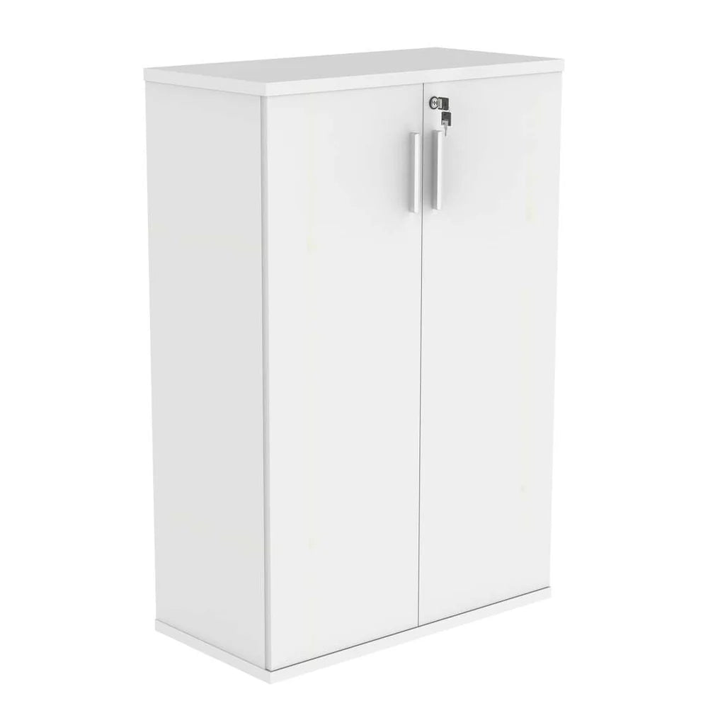 White cupboard with a silver handle on a white background