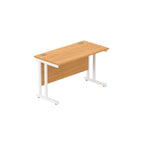 Office desk with wood-effect top and white legs on a white background