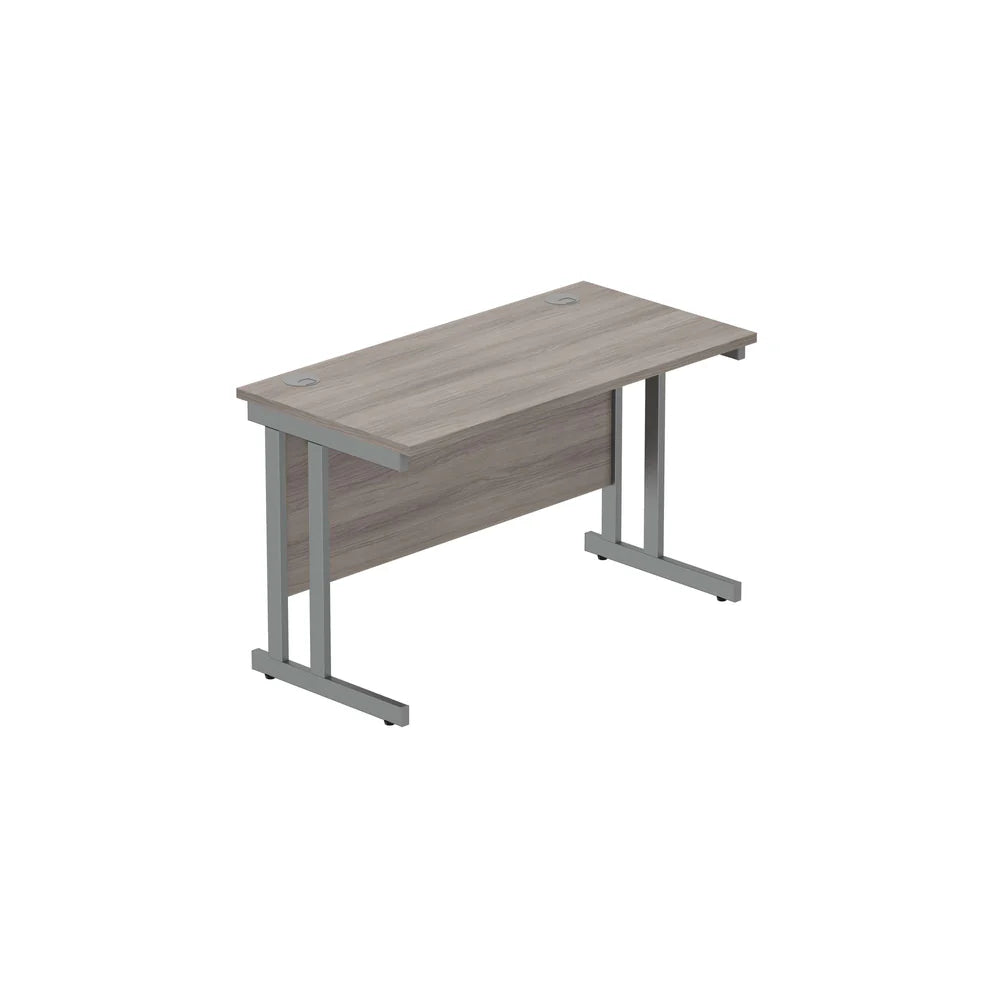 Office desk with grey wood-effect top and grey legs on a white background