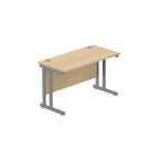 Office desk with wood-effect top and grey legs on a white background