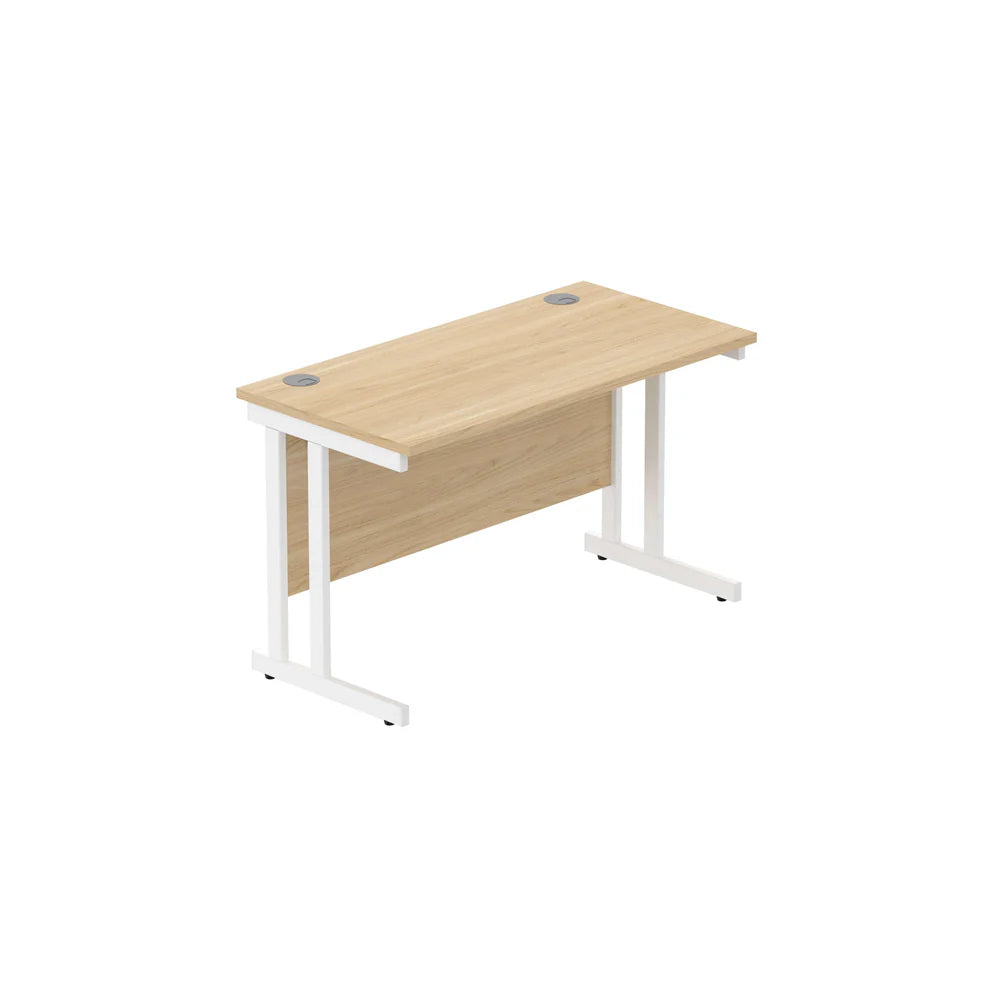 Office desk with wood-effect top and white legs on a white background