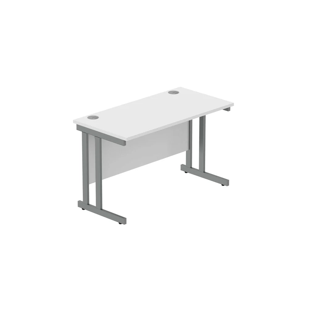 Office desk with white top and grey legs on a white background