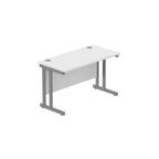 Office desk with white top and grey legs on a white background