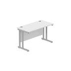 Office desk with white top and silver legs on a white background