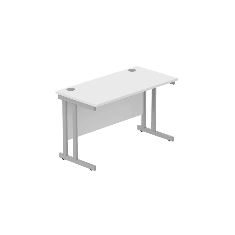 Office desk with white top and silver legs on a white background