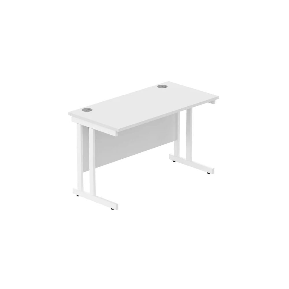 Office desk with white top and legs on a white background