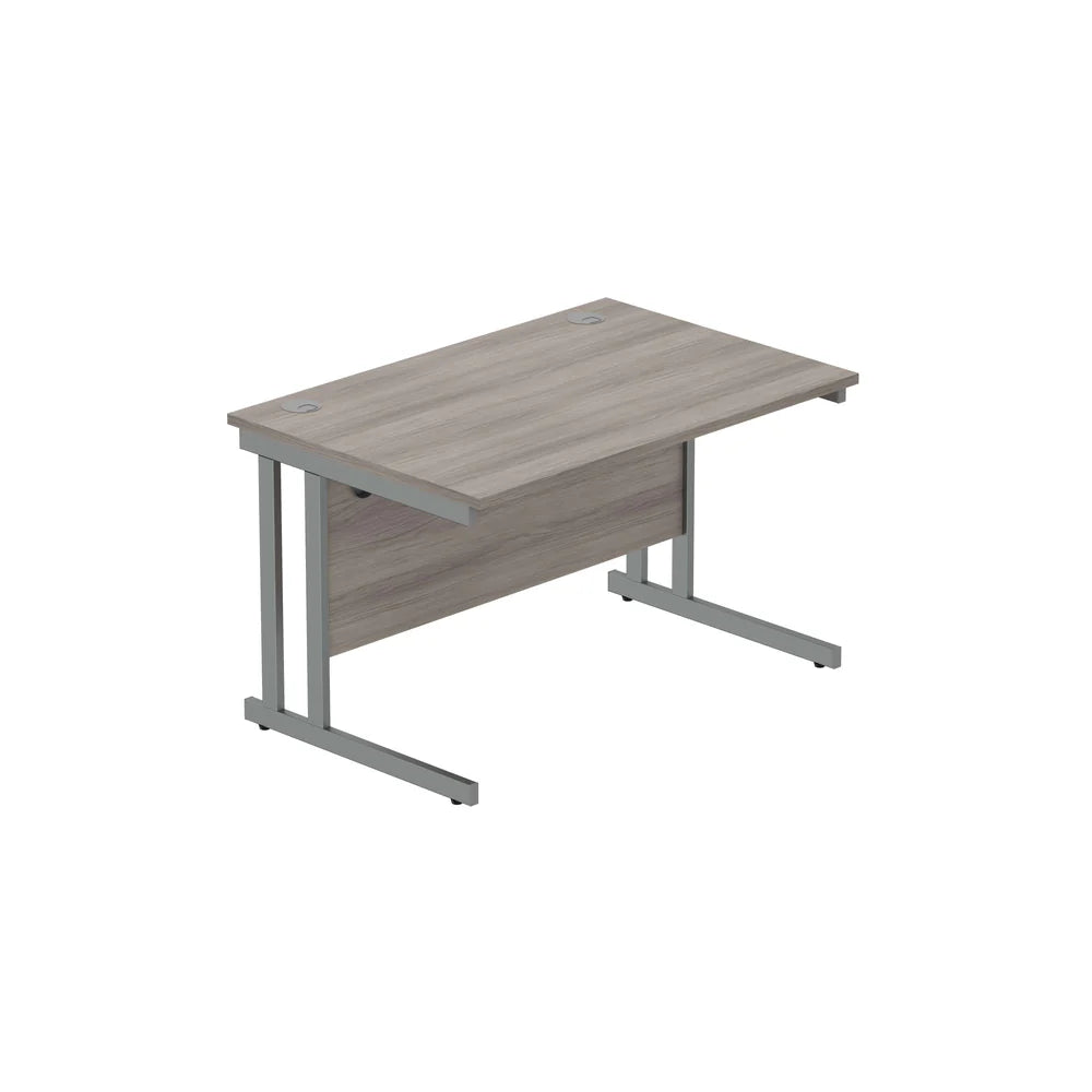 Office desk with grey wood-effect top and grey legs on a white background