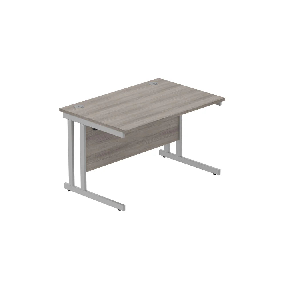 Office desk with grey wood-effect top and silver legs on a white background