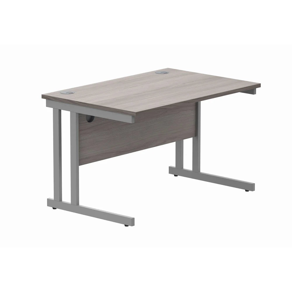 Office desk with grey wood-effect top and silver legs on a white background