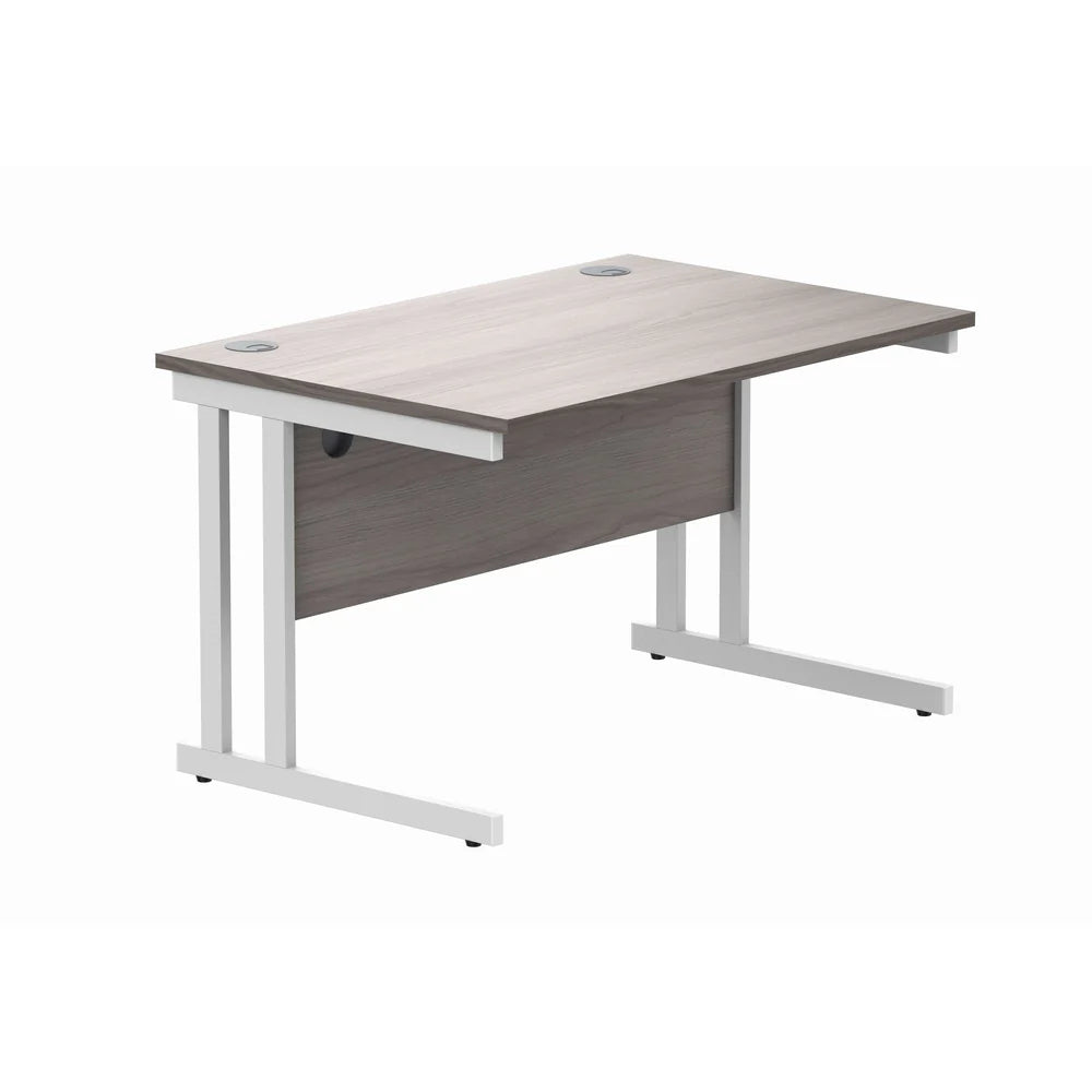Office desk with grey wood-effect top and white legs on a white background