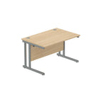 Office desk with wood-effect top and grey legs on a white background