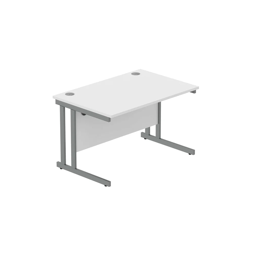 Office desk with white top and grey legs on a white background