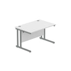 Office desk with white top and grey legs on a white background