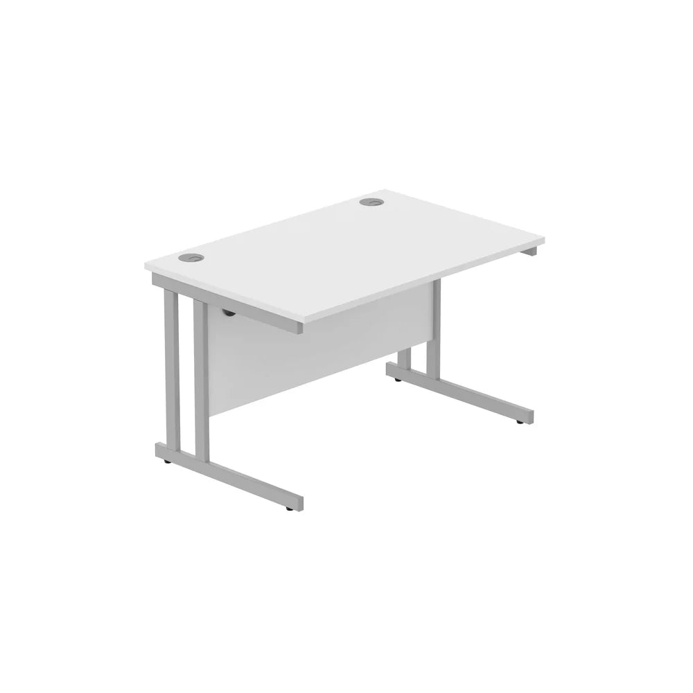 Office desk with white top and silver legs on a white background