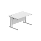 Office desk with white top and silver legs on a white background