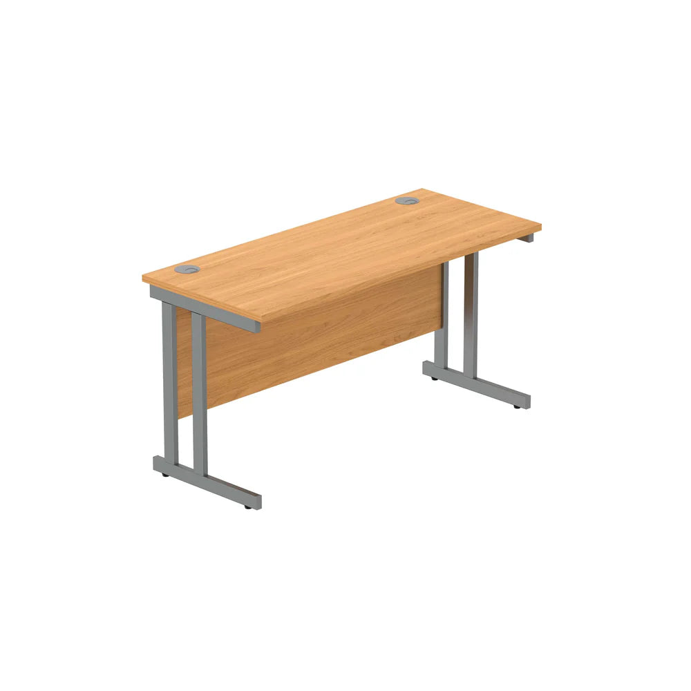 Office desk with wood-effect top and grey legs on a white background