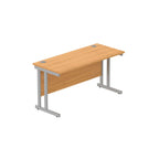 Office desk with wood-effect top and silver legs on a white background