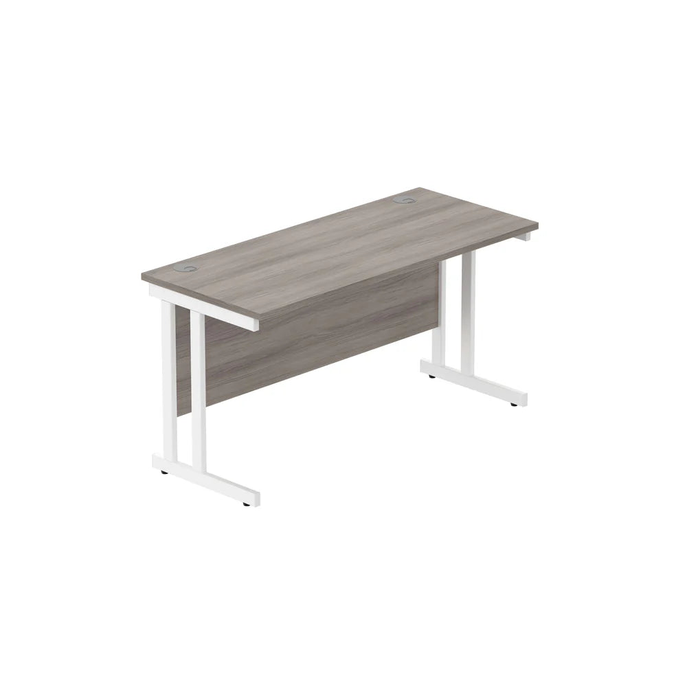 Office desk with grey wood-effect top and white legs on a white background
